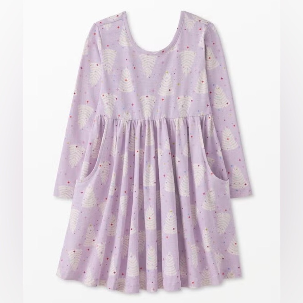 NWT Hanna Andersson LS Skater Dress Pockets, Sparkly Trees Purple, Size‎ 120